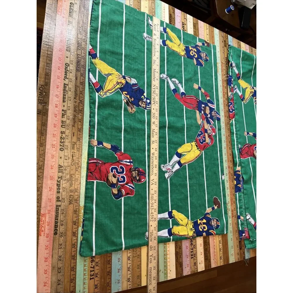 Vintage 70s FOOTBALL Players Flat Bed Sheet Bunk Size 95x 63 